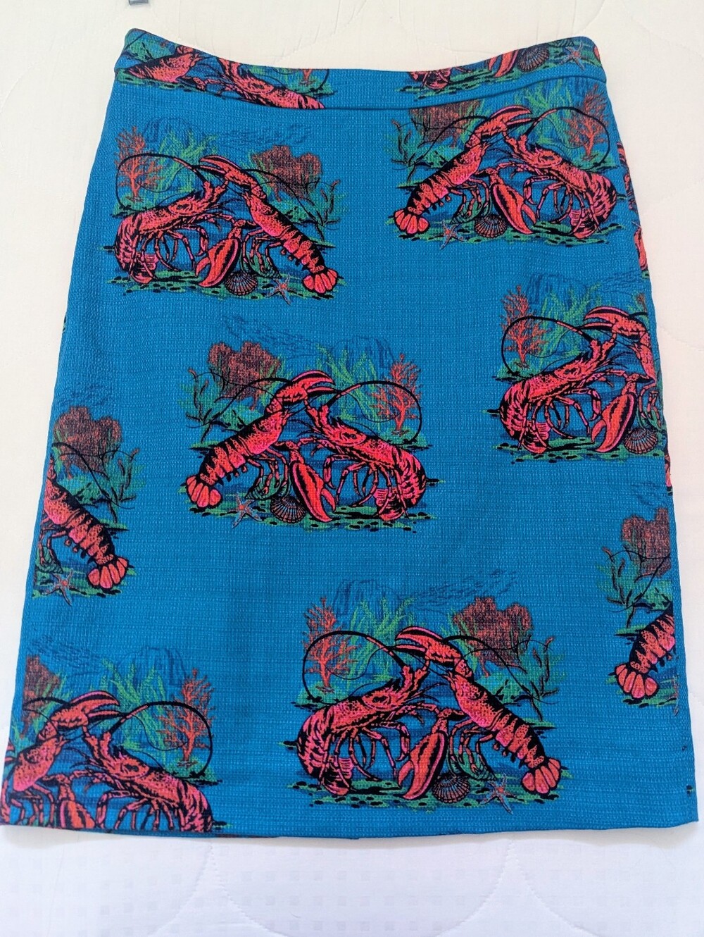 J. Crew Blue Pencil Skirt with Pink Lobster Print